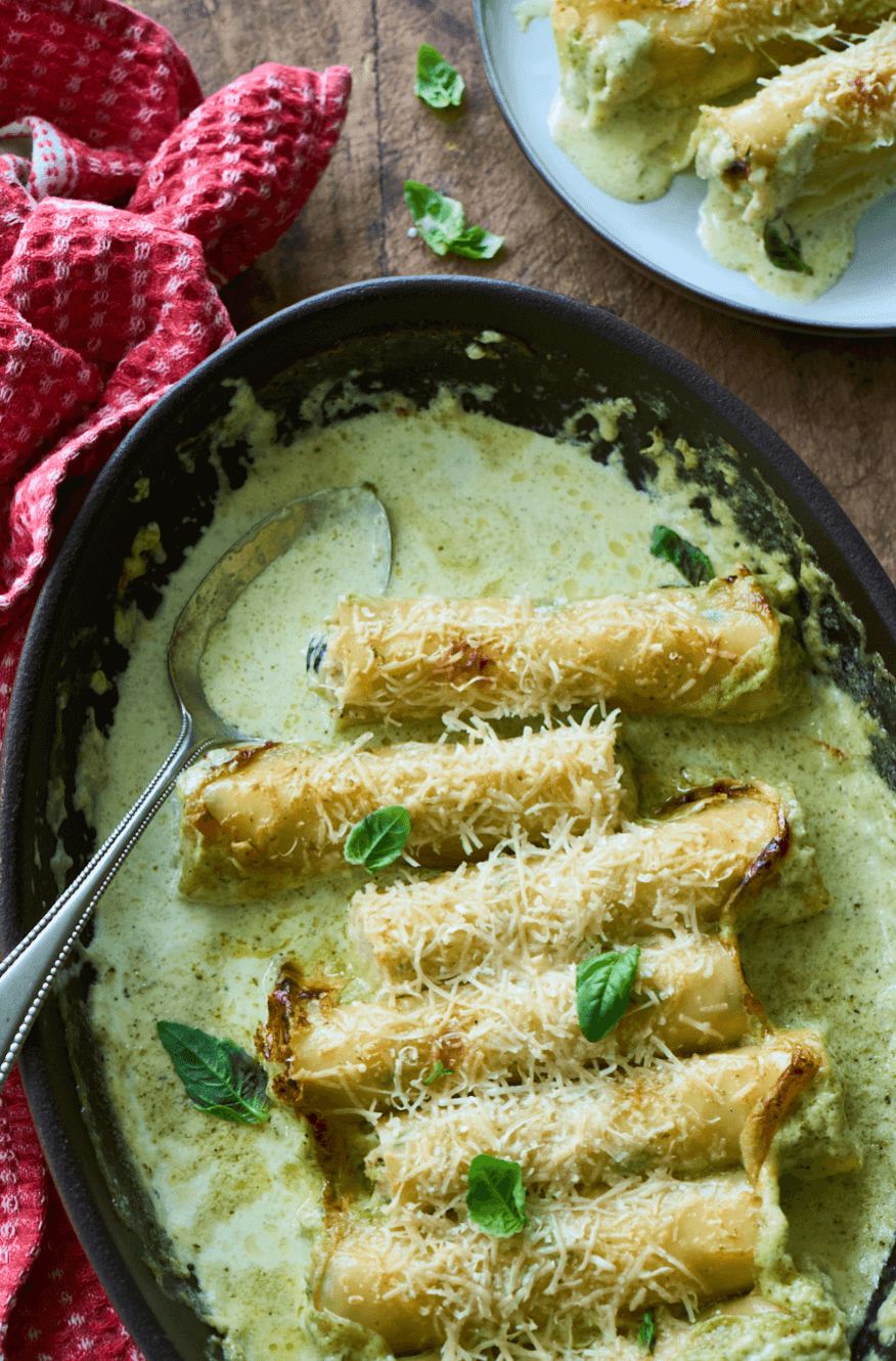Cannellonis de dinde au pesto, gratinés à la crème parfumée