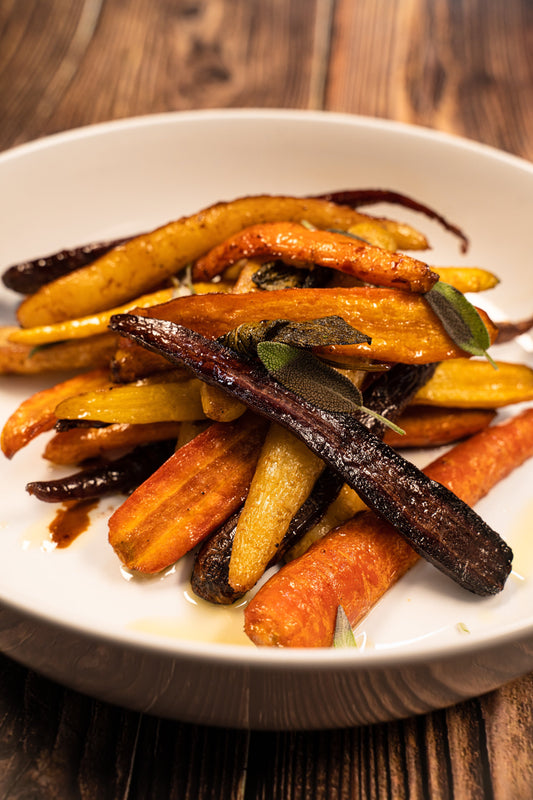 Carottes rôtis à la sauge, balsamique et érable