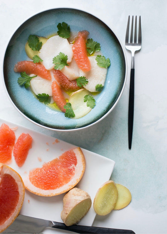Ceviche de pétoncles au pamplemousse rose et à la coriandre