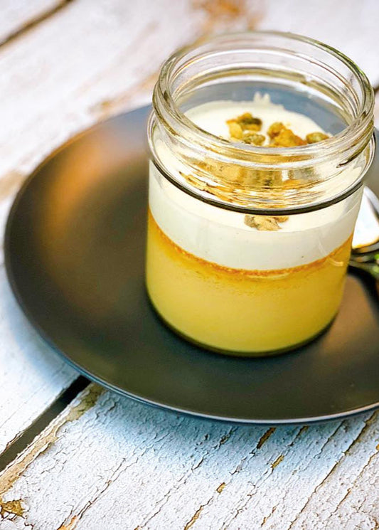 Crème de butternut et mélilot, crème fraîche et praliné de graines de citrouilles