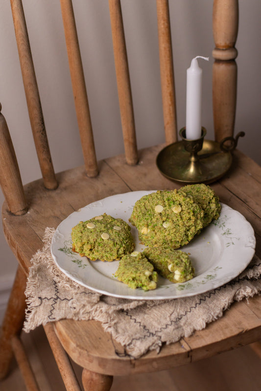 Galettes vertes aux petits pois et au chocolat blanc