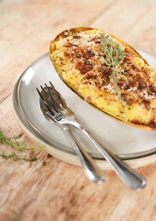 Gratin de courge spaghetti au bacon et cheddar