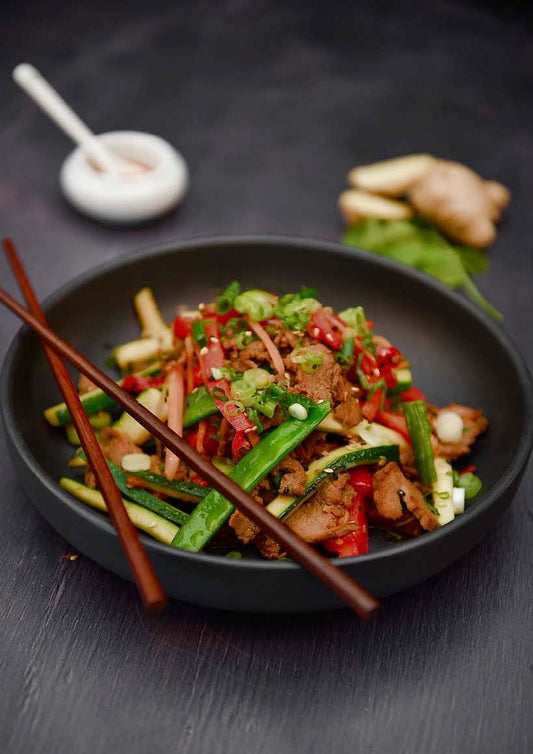 Sauté de filet de porc au miel, gingembre et légumes croquants