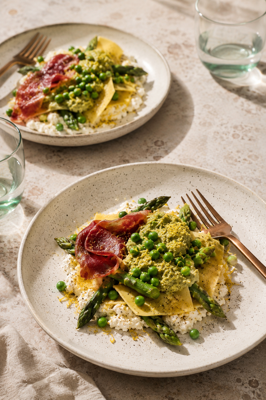 Voile de pâte fraîche aux asperges, petits pois et prosciutto croustillant