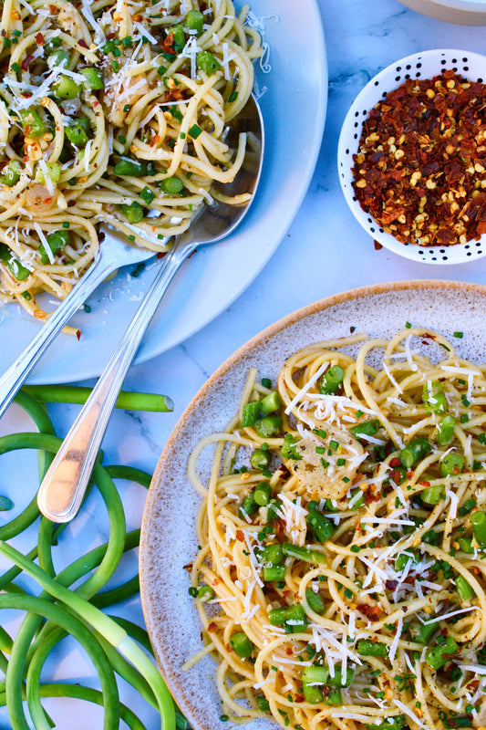 Aglio e olio à la fleur d’ail (spaghetti à l’ail et à l’huile d’olive)