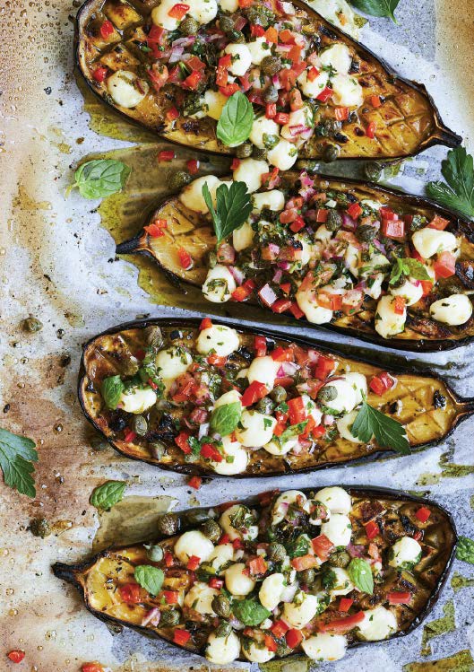 Aubergines rôties, sauce vierge aux perles de bocconcini