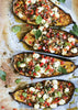 Aubergines rôties, sauce vierge aux perles de bocconcini