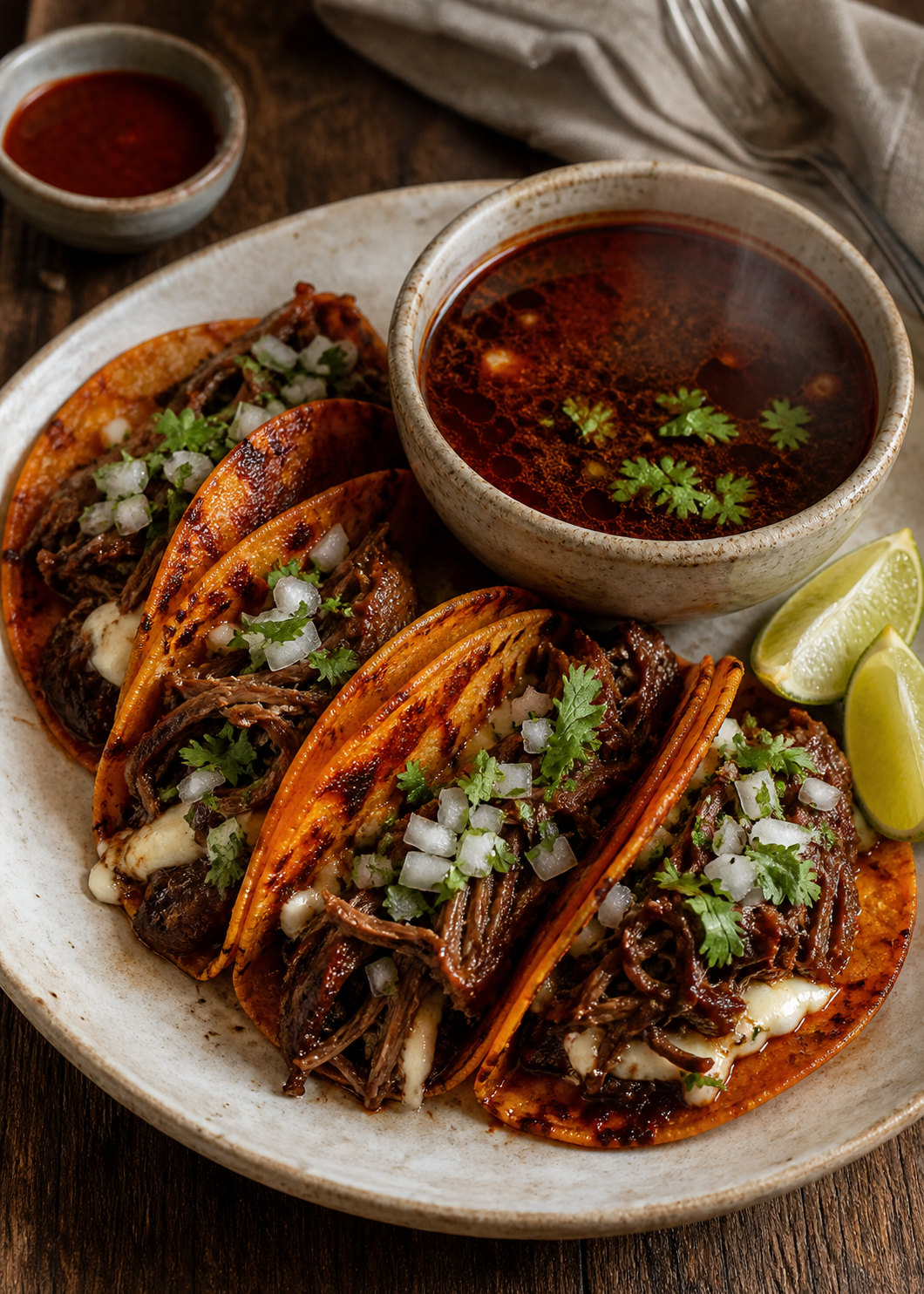 Birria tacos de bœuf braisé effiloché, sauce aux épices chaude et café