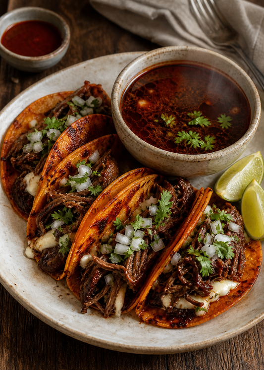 Birria tacos de bœuf braisé effiloché, sauce aux épices chaude et café