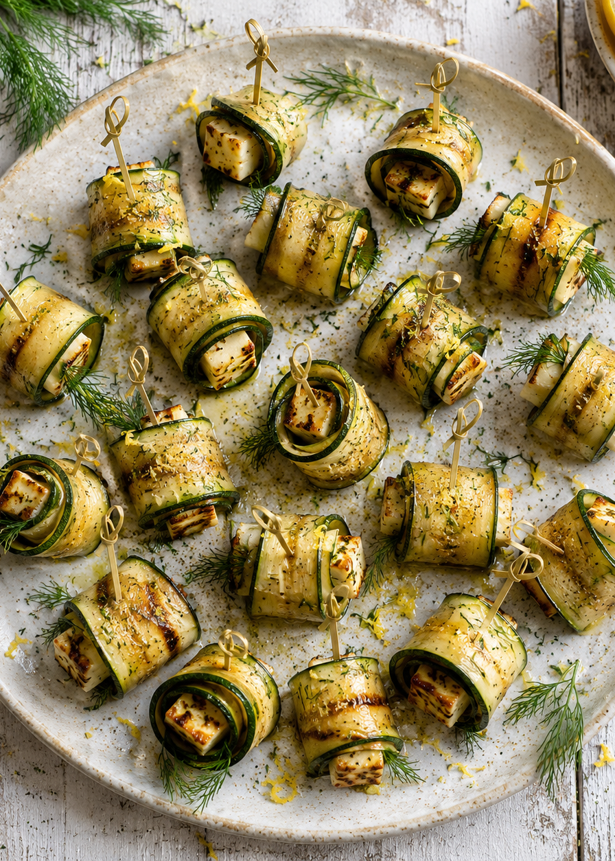Brochettes de rubans de courgettes, halloumi et oignon, vinaigrette au citron