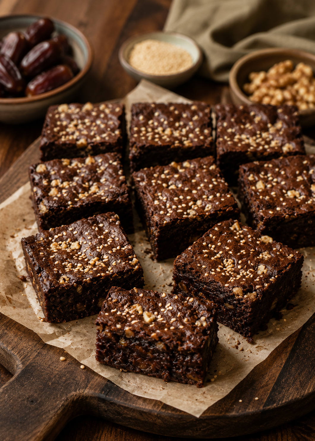 Brownie tahini, dattes et sésame