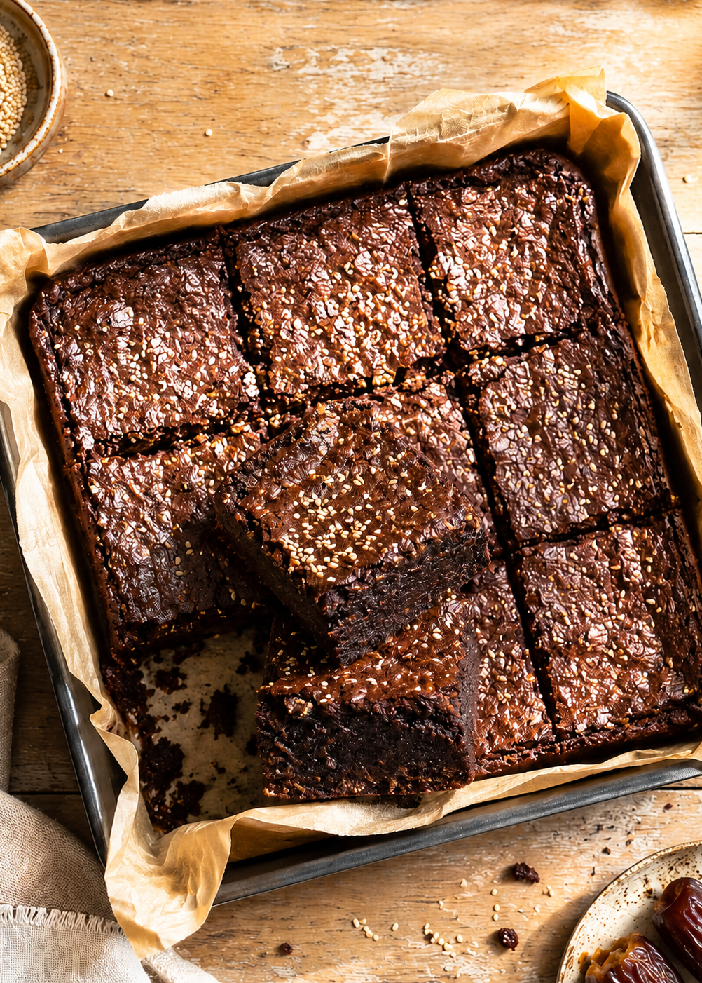 Brownie tahini, dattes et sésame