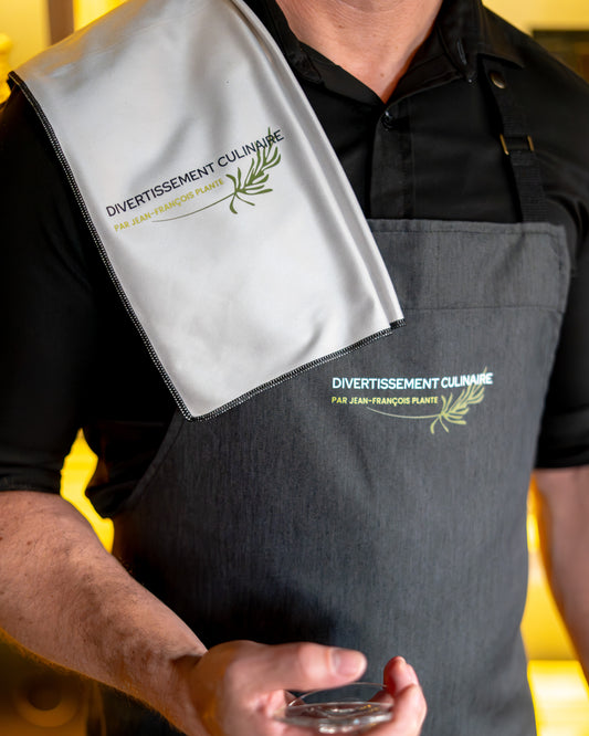ENSEMBLE : Tablier de chef officiel et Duo de chiffons à polir en microfibres - Divertissement culinaire