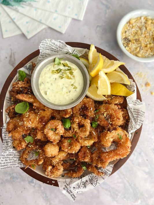 Calmar frits, chapelure croustillante parmesan et agrumes