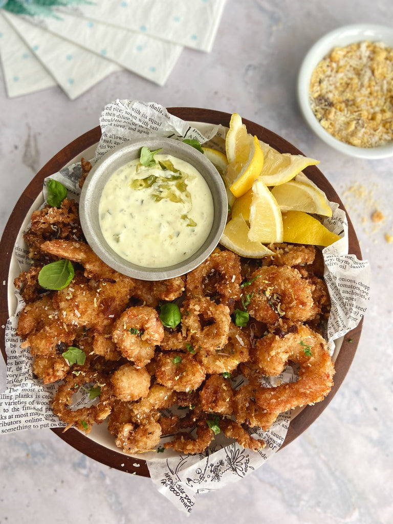Calmar frits, chapelure croustillante parmesan et agrumes