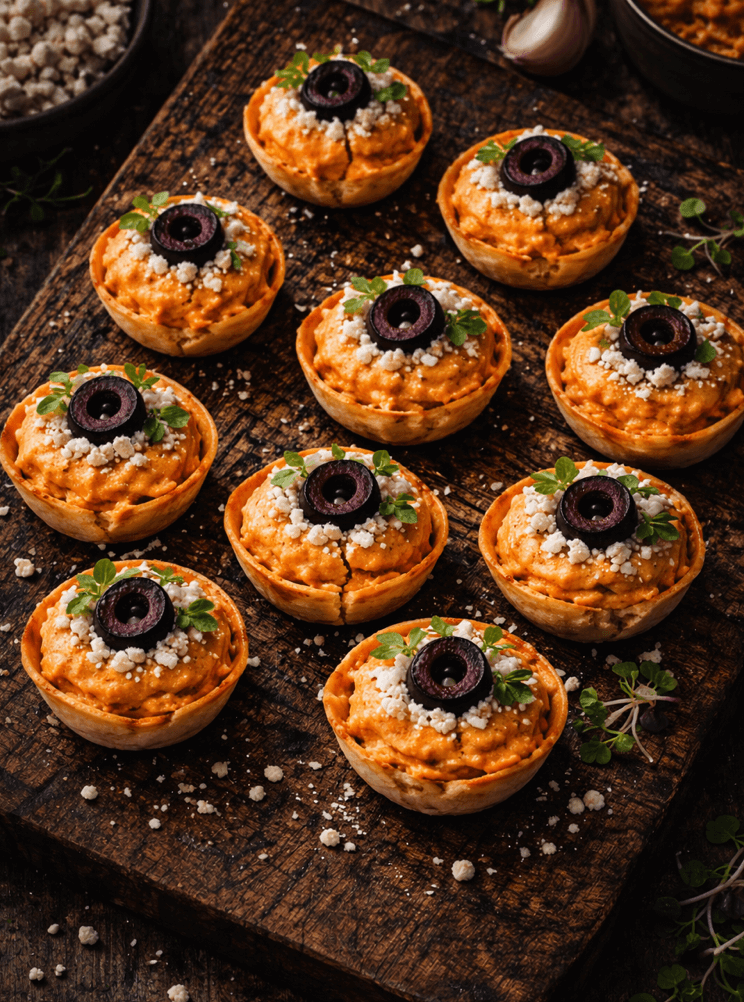 Mini coupoles de tortilla croustillantes, crème de thon onctueuse à la feta, paprika fumé et olives kalamata