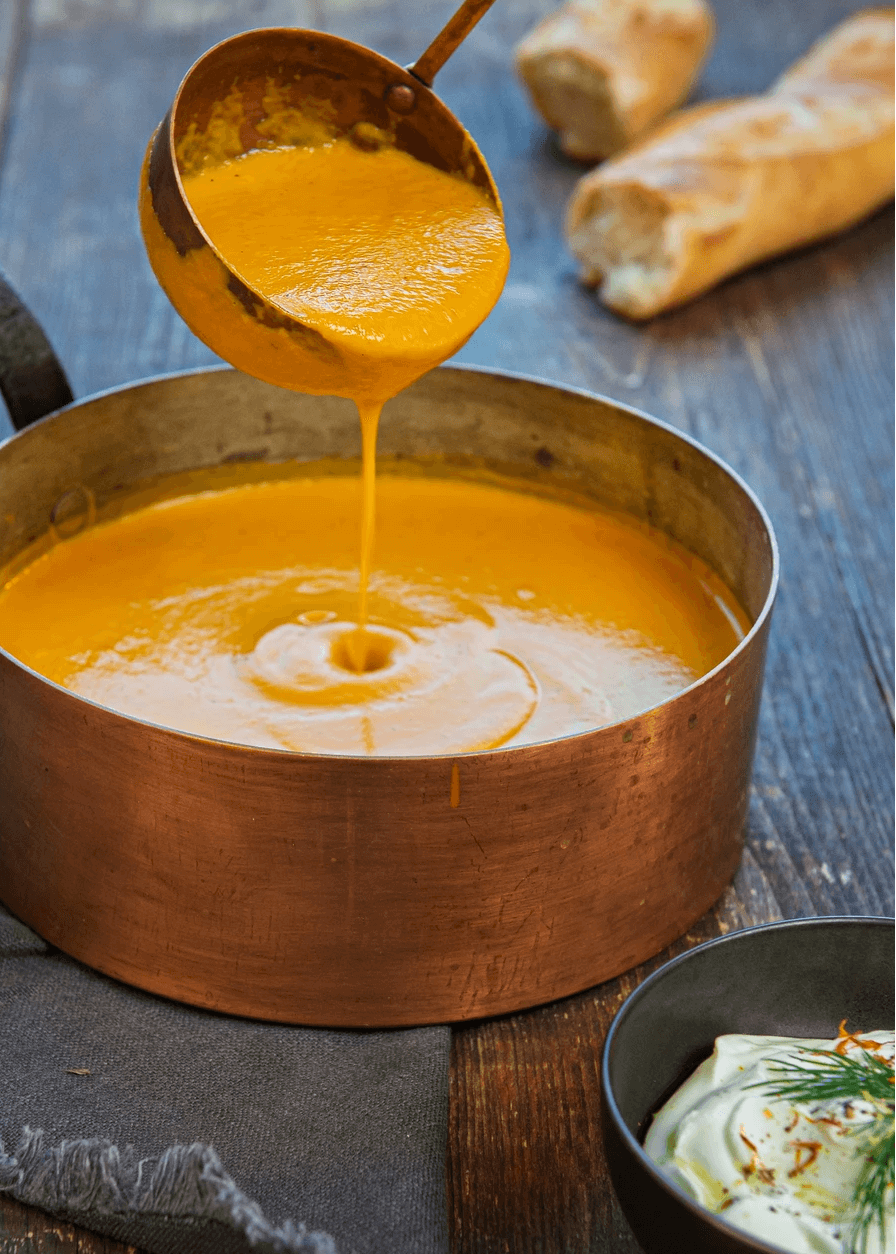 Velouté safrané de carottes braisées, gingembre et lait de coco