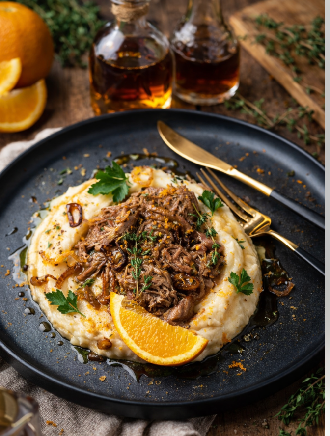 Canard effiloché à l’érable et vinaigre de Xérès, purée crémeuse de céleri-rave aux fines herbes et échalotes croustillantes