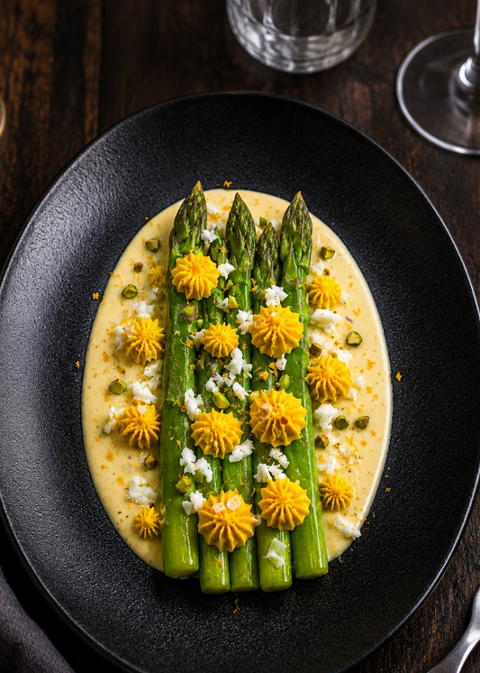 Asperges tièdes, mimosa soyeux à l’estragon et crème à l’orange