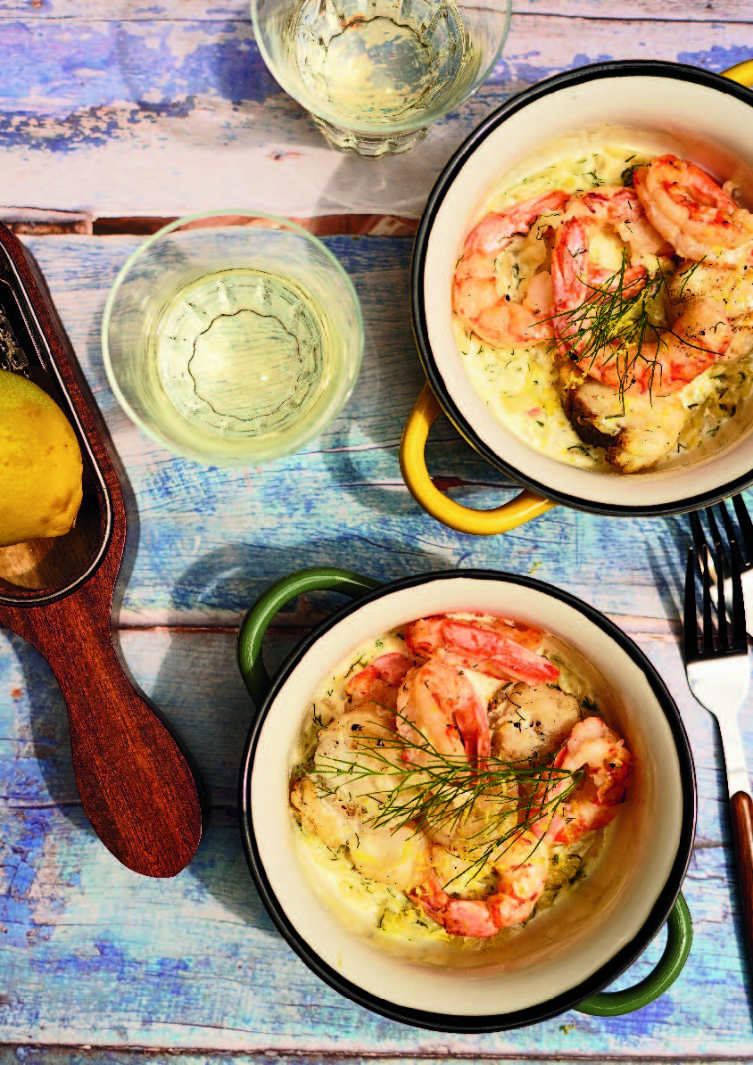 Cassolette de fruits de mer grillés, crème légère au fenouil et aneth