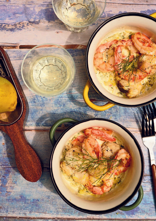 Cassolette de fruits de mer grillés, crème légère au fenouil et aneth