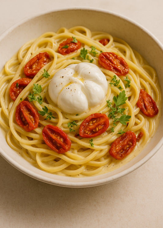 Linguine aux tomates confites et burrata fondant