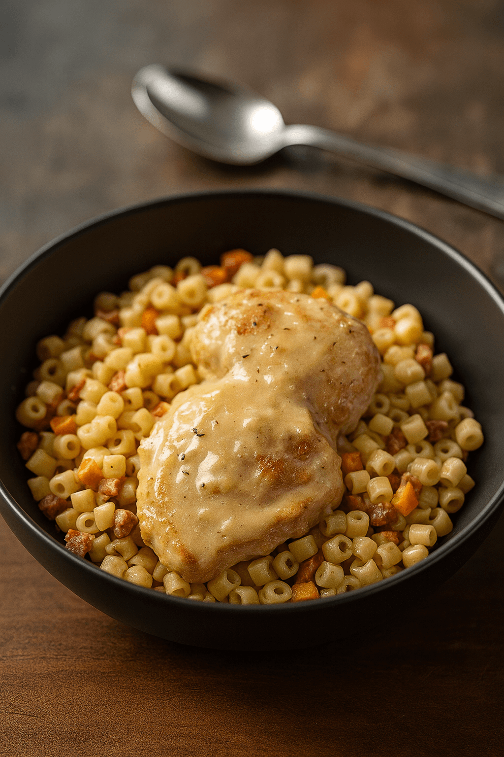 Ditalis au jus de volaille, pancetta, carottes et parmesan