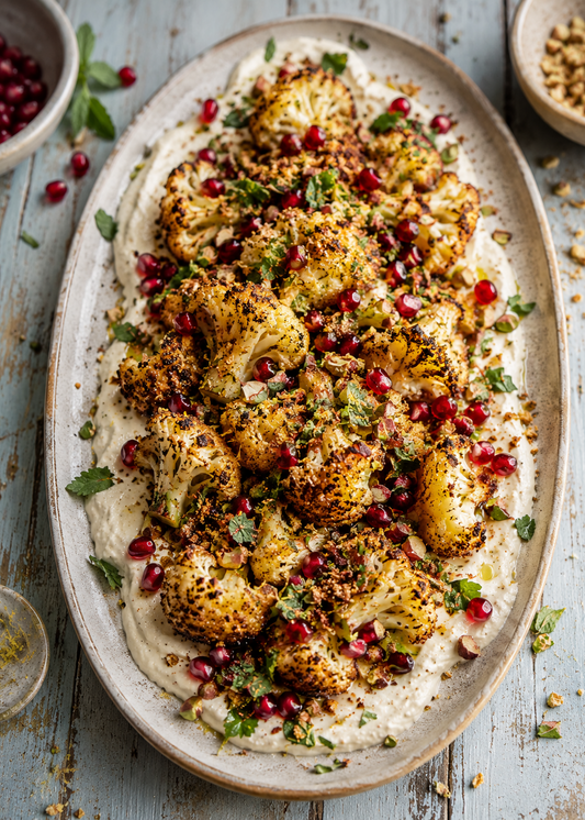 Chou-fleur rôti à la libanaise, tahini soyeux et grenade