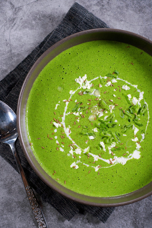 Crème d’épinards au cumin et à la féta