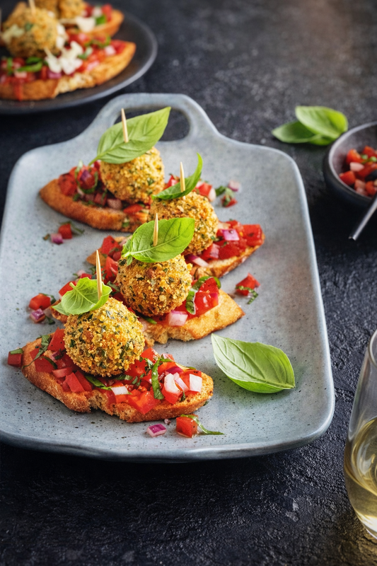 Crostinis à la bruschetta et bocconcinis frits