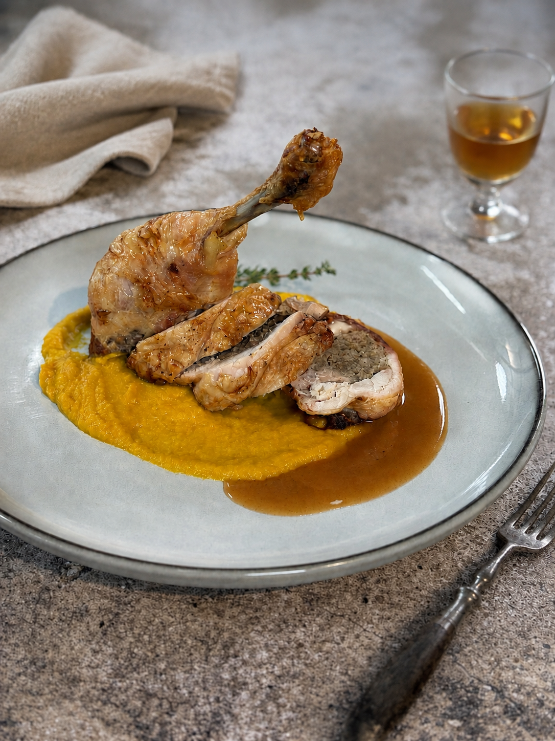 Cuisse de poulet rôtie farcie à la duxelle de champignons