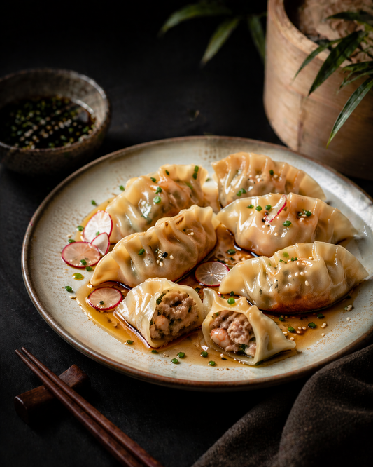 Dumplings porc & crevettes à l’asiatique, signature douce