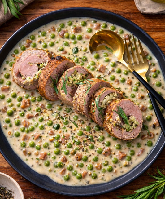 Filet de porc farci au chèvre, petits pois et estragon, crème aux lardons