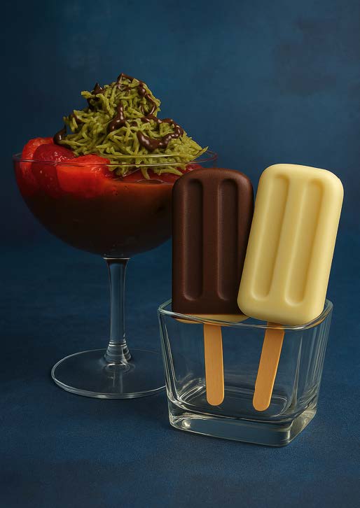 Fudgesicle (choco et vanille) et coupe de pudding à la garniture croustillante Dubaï