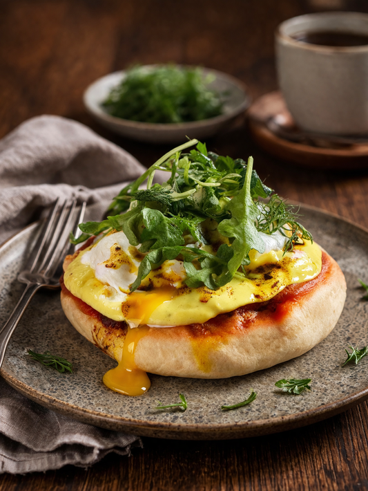 Œufs pochés sur focaccia moelleuse, yogourt aux épices indiennes