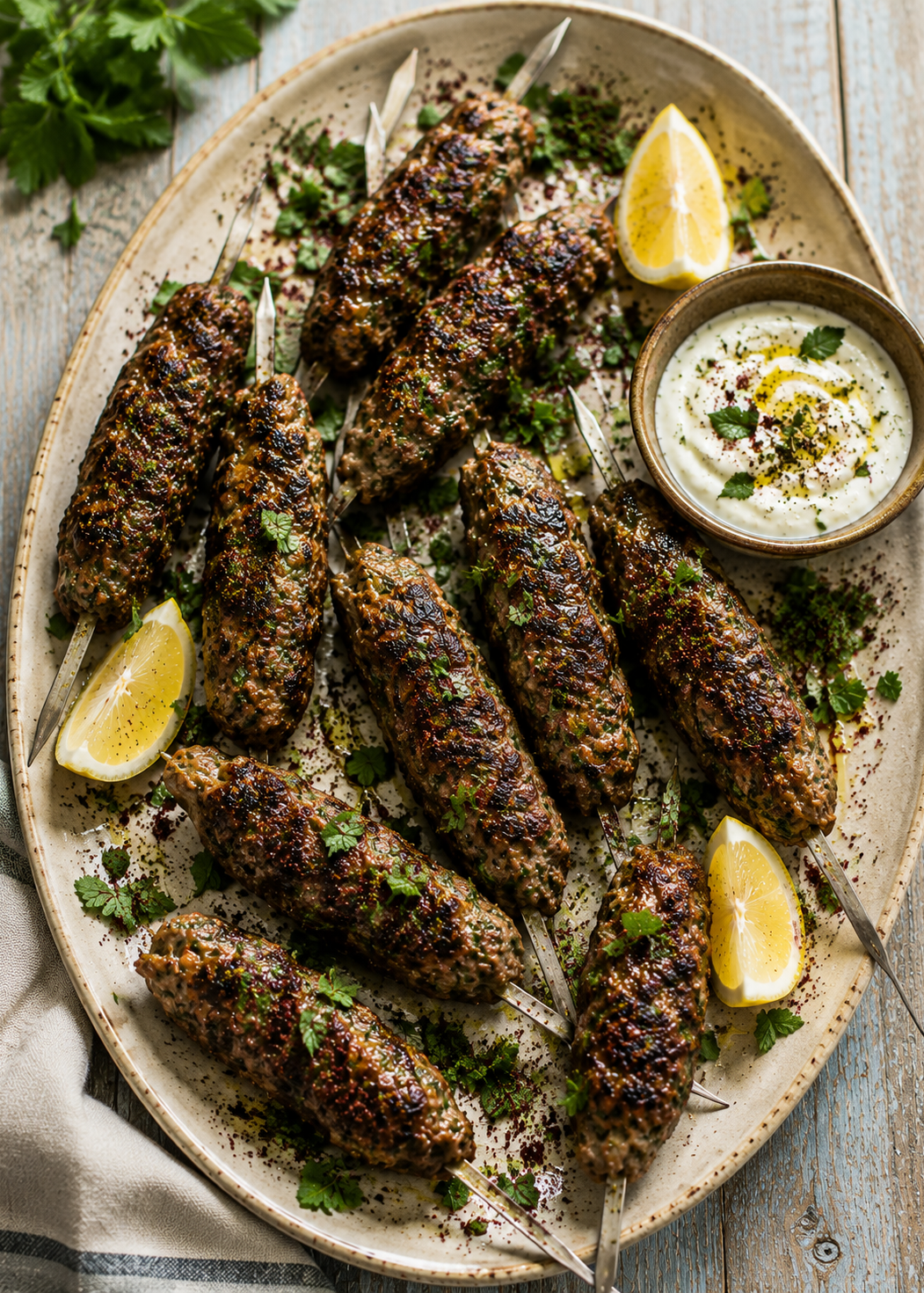 Kaftas d’agneau et de bœuf grillées, persil, cannelle et sumac