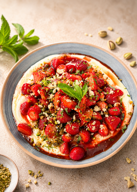 Fraises marinées à la fleur d’oranger, labneh vanillé