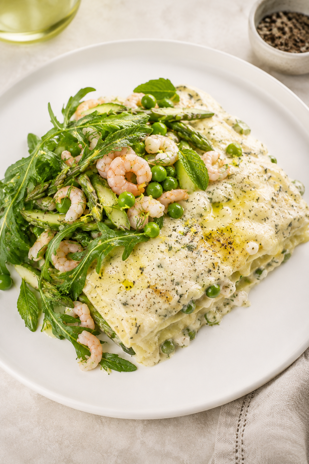 Lasagne printanière aux asperges, petits pois, citron et salade de crevettes nordiques
