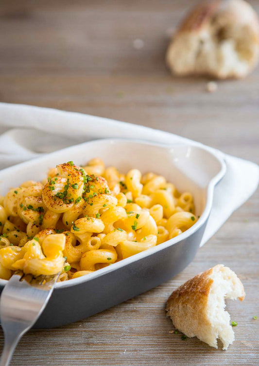 Macaronis aux fromages et à la purée de courge musquée