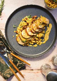 Mignon de porc au maïs et chorizo, sauce crémeuse à la moutarde de meaux