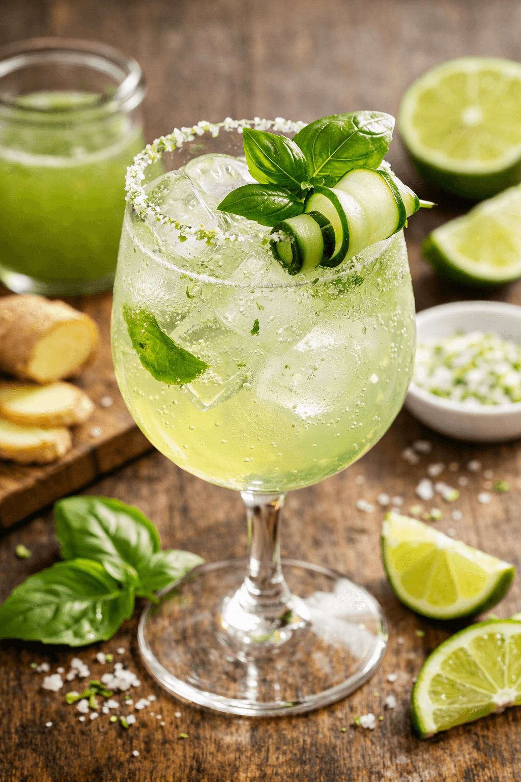 Mocktail concombre, gingembre, lime et basilic froissé