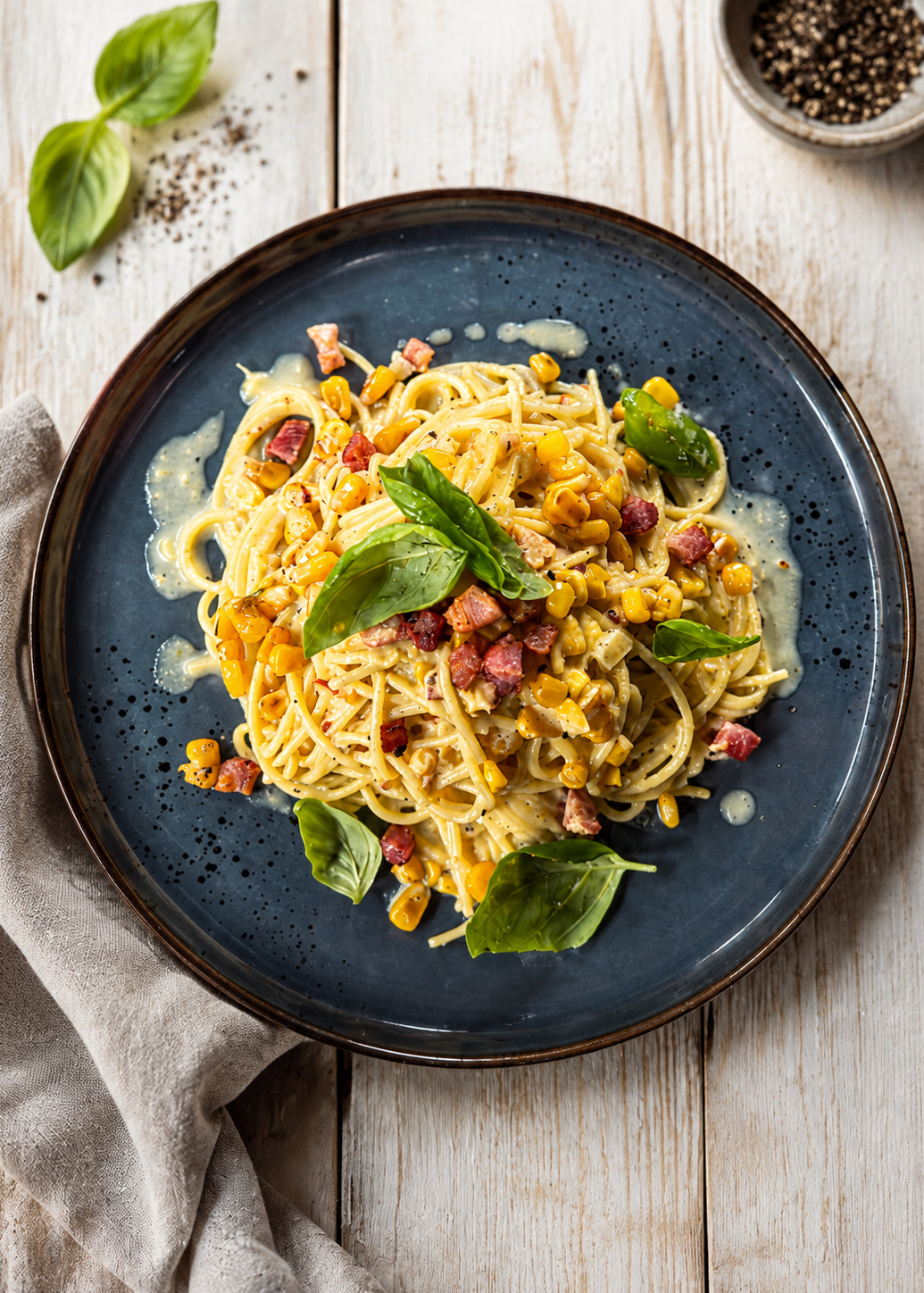 Spaghetti carbonara au maïs et à la pancetta