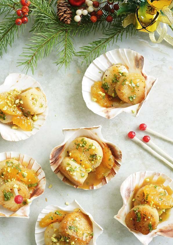 Pétoncles poêlés à la clémentine et pistaches