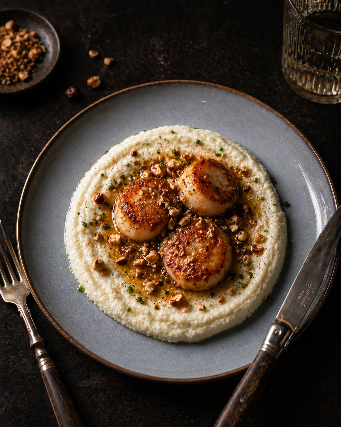 Poêlée de pétoncles, mousseline de chou-fleur au beurre noisette
