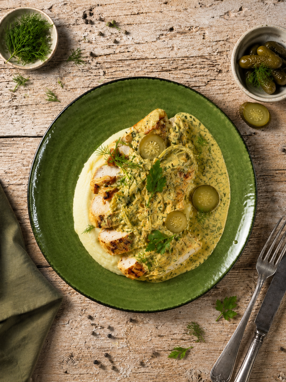 Poitrines de poulet marinées au jus de cornichons, sauce charcutière au fond de volaille