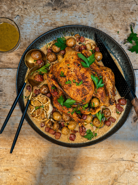 Poulet rôti à la moutarde à l’ancienne, ail rôti, bacon et petites pommes de terre