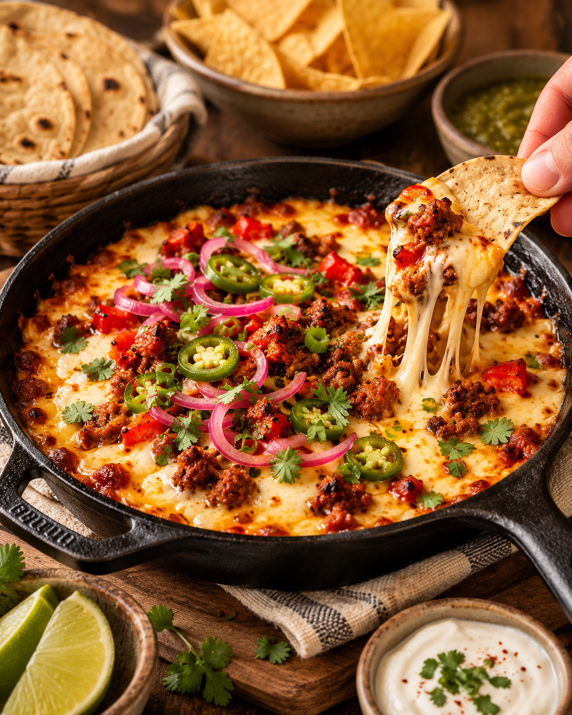 Queso fundido au chorizo, oignons fondants et poivrons rôtis
