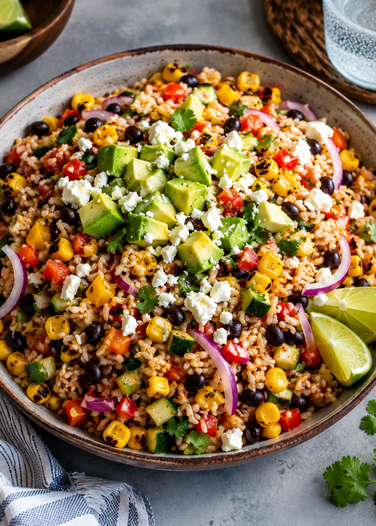 Riz complet garnis, fèves noires, légumes coloré, chili, maïs