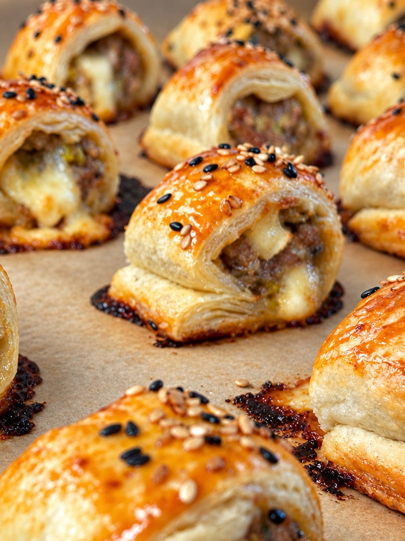 Roulés de saucisses à la pomme, poireaux et fromage