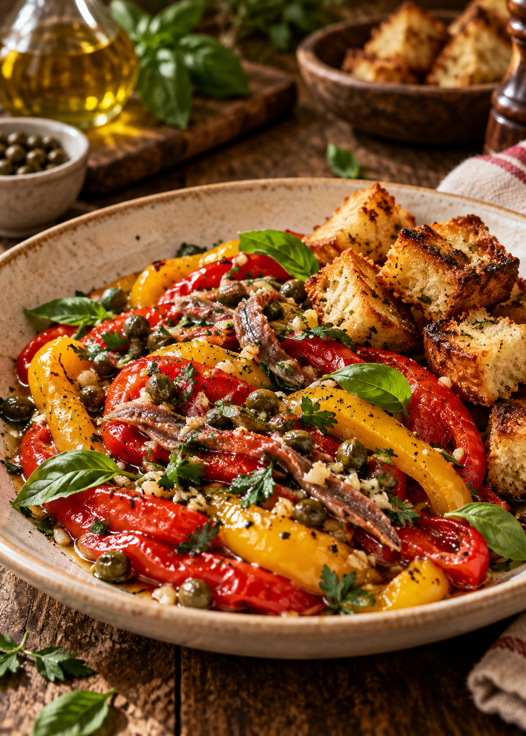 Poivrons marinés à l’italienne, câpres, anchois et croûtons
